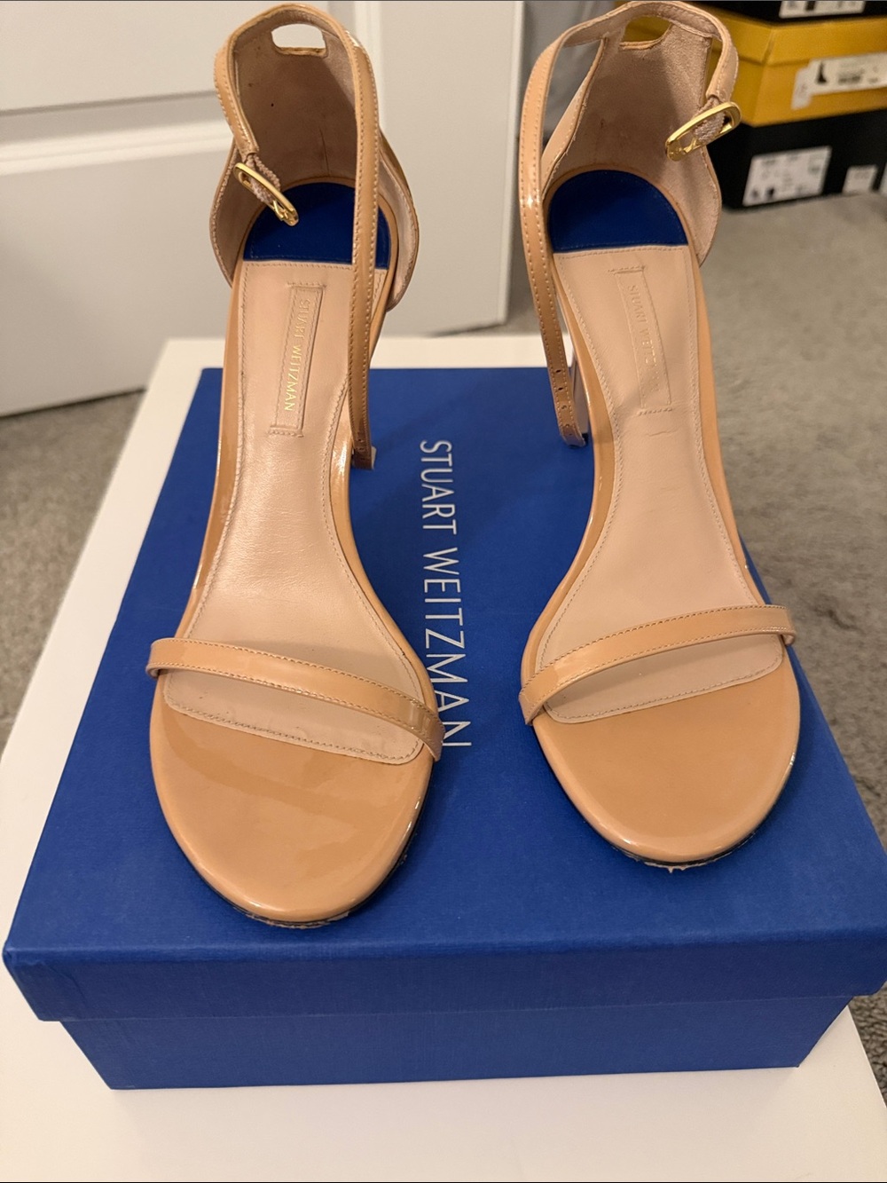 Stuart Weitzman Patent Leather Beige Ankle-Strap Sandals
